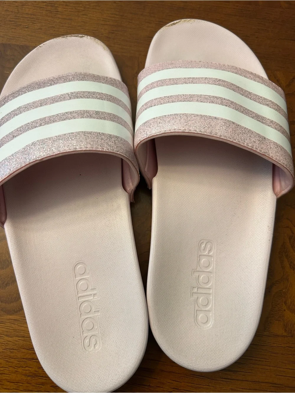 Girls adidas Pink Glitter Slide Sandals with White Stripes